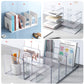 Clear acrylic desktop book rack with multiple compartments for books and stationery