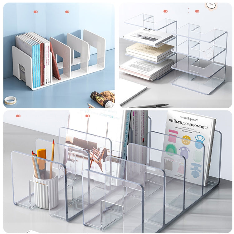 Clear acrylic desktop book rack with multiple compartments for books and stationery