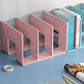 Pink acrylic desktop book storage rack with multiple bookends for holding books