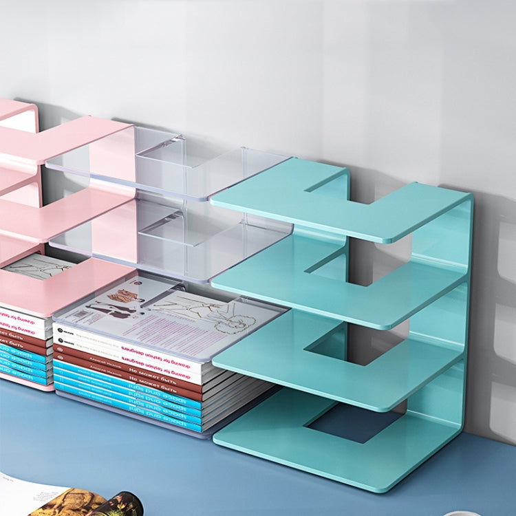 Teal acrylic desktop book storage rack with layered open slots for books