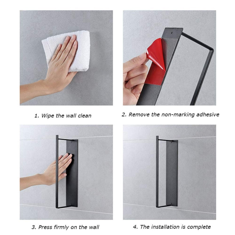 Wall-mounted metal rack installation steps showing adhesive prep and mounting to wall