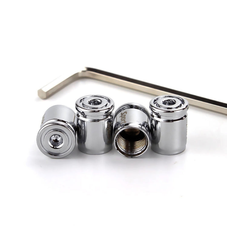 Silver anti-theft tire valve caps set with metal wrench, four chrome caps
