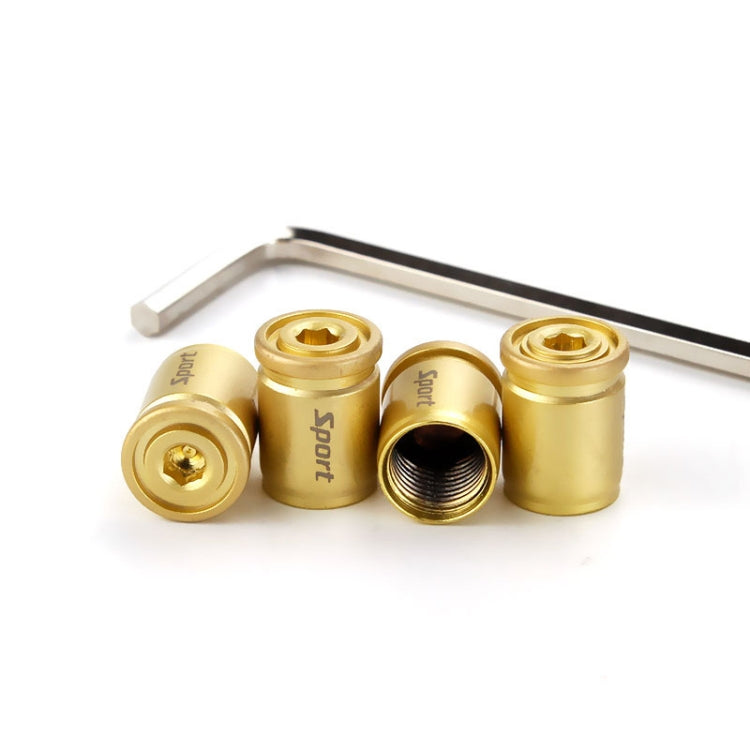 Gold anti-theft tire valve caps set with metal wrench, four matching caps