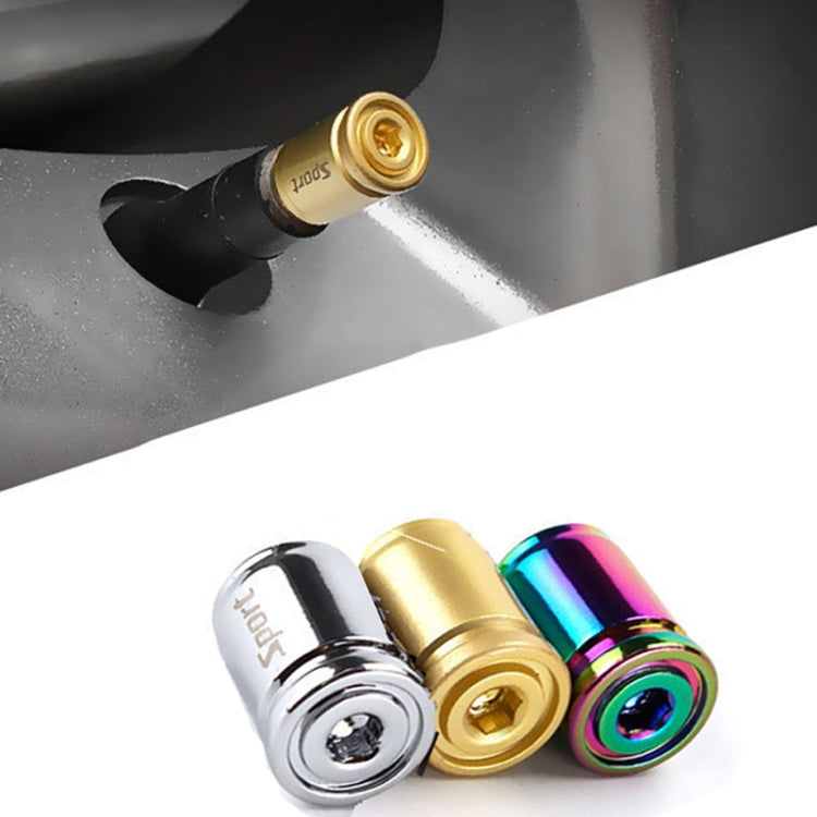Anti-theft tire valve caps with wrench, chrome, gold, and rainbow finishes shown