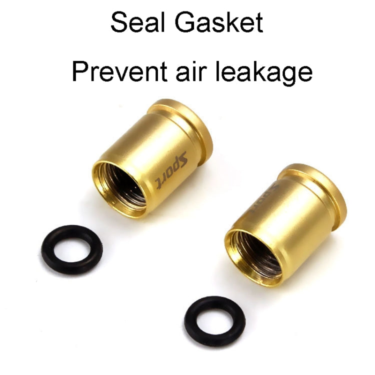 Gold tire valve caps with black sealing gaskets, two cap set