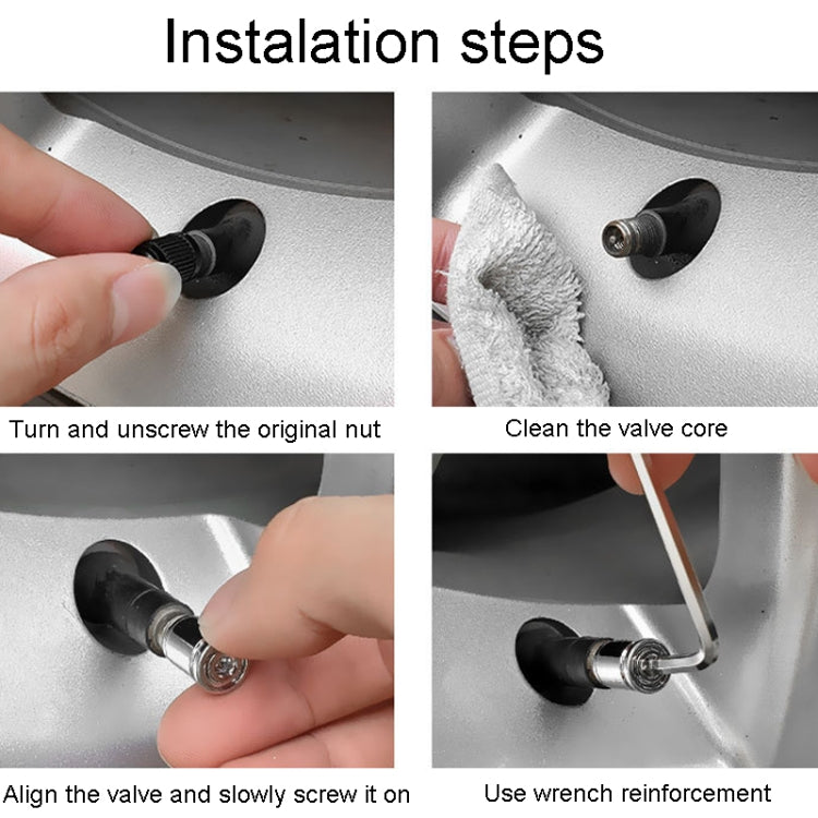 Tire valve cap installation shown with wrench reinforcement on wheel