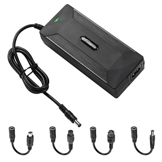 Black lithium battery charger brick with attached power cord and DC output plug