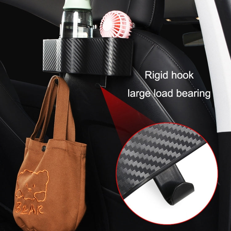 Seat back hanging organizer with carbon-fiber bin and rigid hook, holds bottles