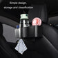 Rear seat storage organizer with carbon-fiber bin, open compartments and hanging cup holder