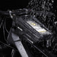 Black EVA hard shell bicycle front beam bag with phone pocket, mounted on bike