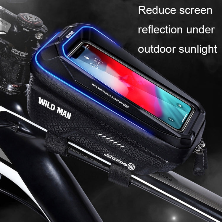 WILD MAN MS66 black bike front phone bag with blue light trim around touch-screen window
