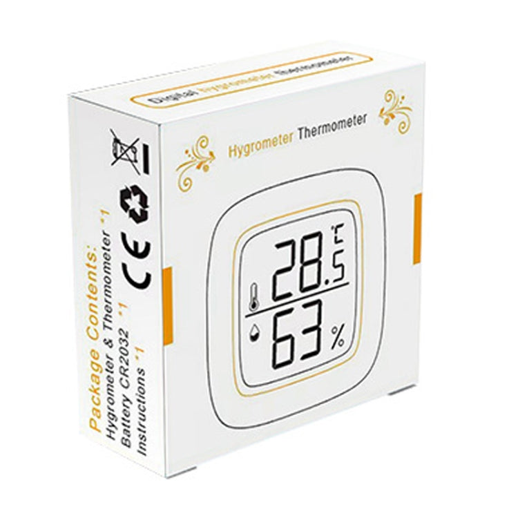 Mini thermometer hygrometer retail box showing LCD with 28.5°C and 63%RH