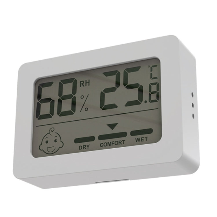 White rectangular indoor temperature and humidity meter LCD displaying 60% RH and 25°C