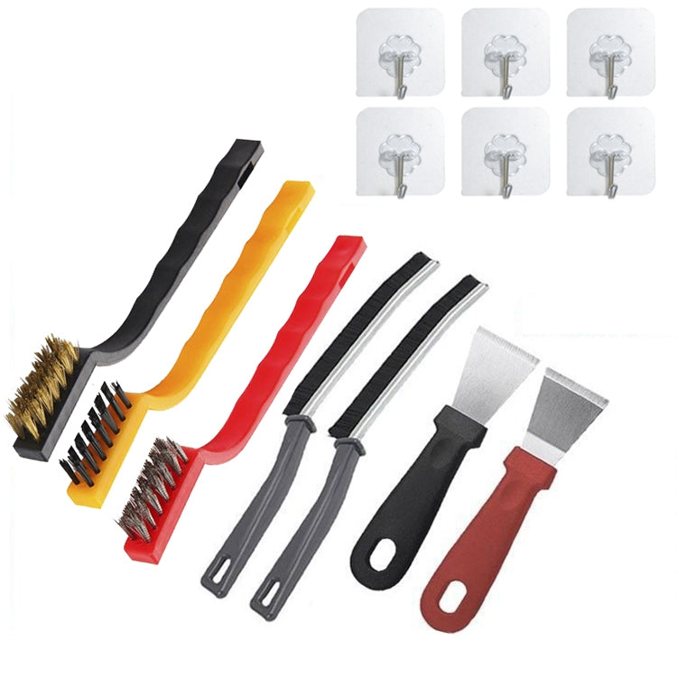 Kitchen cleaning brush set with stiff bristles and multi-color handles, 13-piece variety.