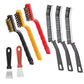 Kitchen cleaning brush set with multiple bristle tips on black, red, and yellow handles.