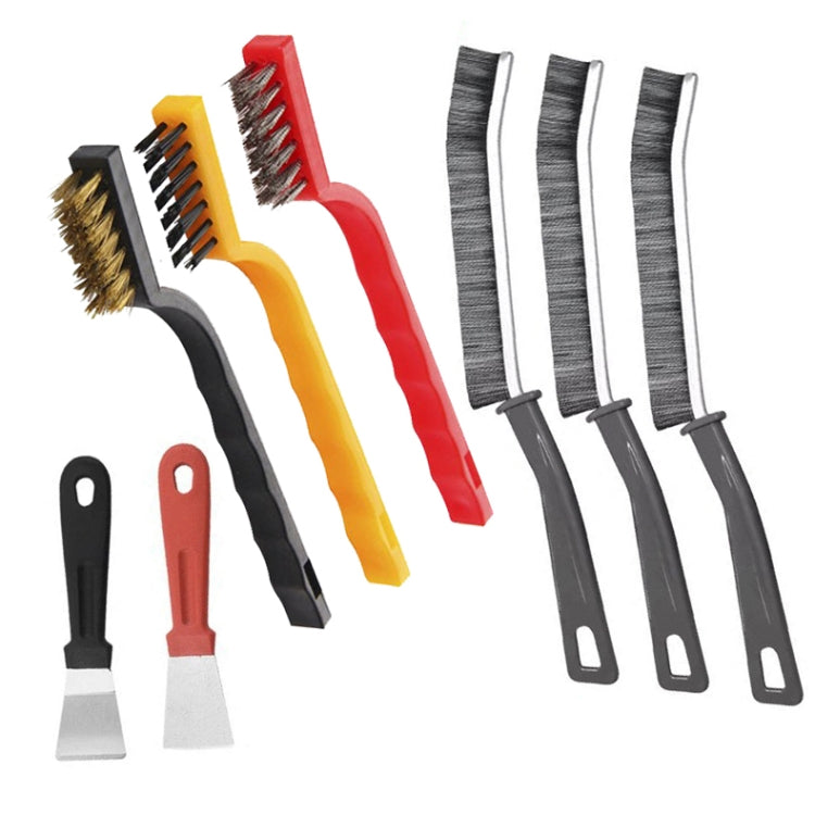 Kitchen cleaning brush set with multiple bristle tips on black, red, and yellow handles.