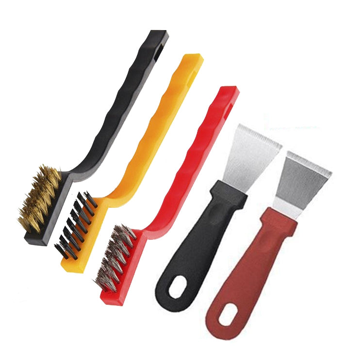Multicolor kitchen cleaning brush set with angled scrub brushes and tool-shaped handles.
