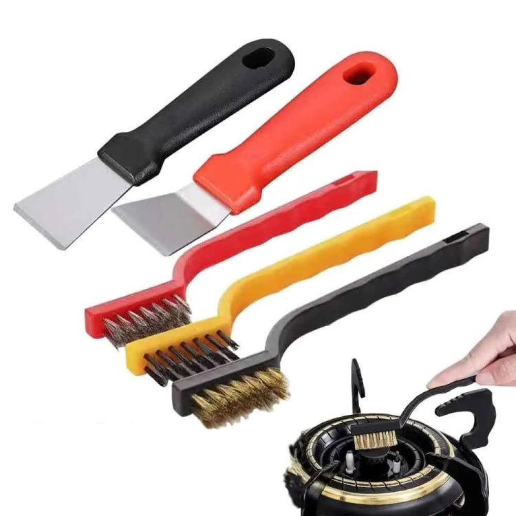 Kitchen cleaning brush set featuring flat scrapers, a wire brush, and bristle scrubbers.