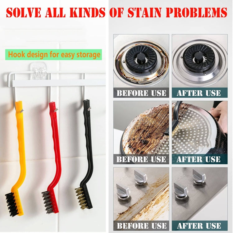 Kitchen cleaning brush set with hanging hook design, including stovetop and sink brushes.