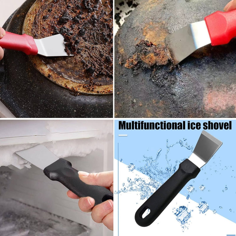Kitchen cleaning brush and ice shovel-style scraper with red handle and metal blade.