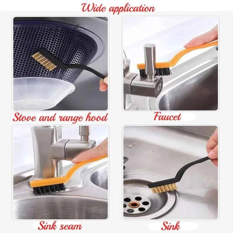Kitchen cleaning brush kit with narrow scrub brush heads for stove, sink, and seam areas.