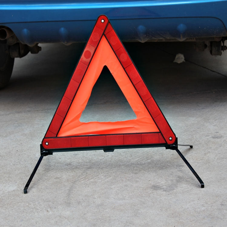 Folding emergency triangle warning sign with reflective red and orange faces, metal legs