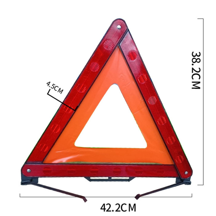 Triangular emergency warning sign with reflective red and orange panels, foldable base legs