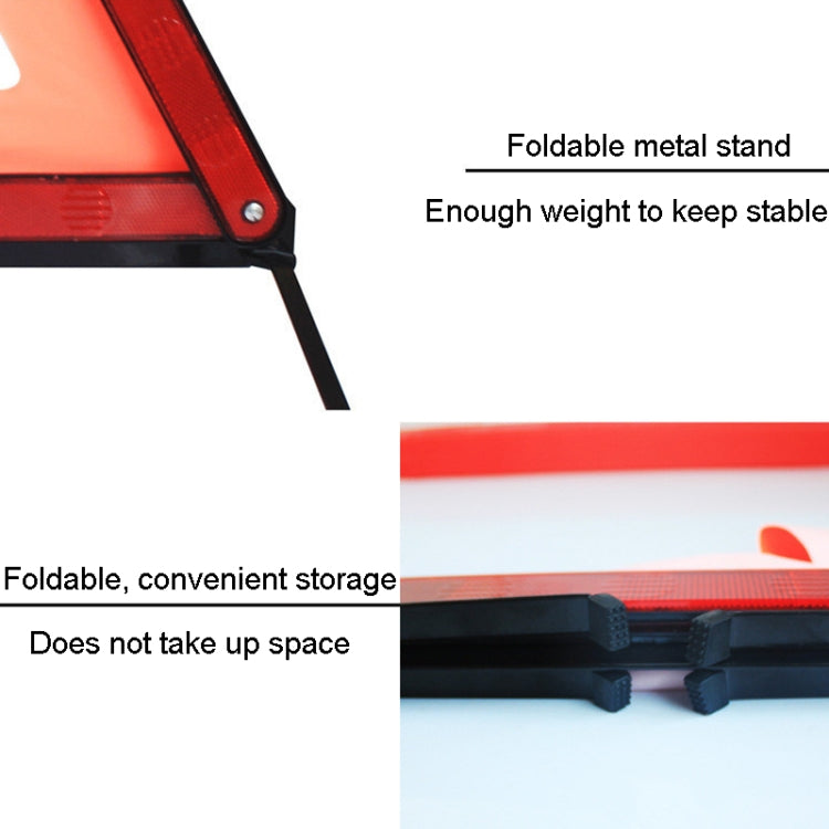Foldable emergency triangle warning sign with hinged metal stand and stable base