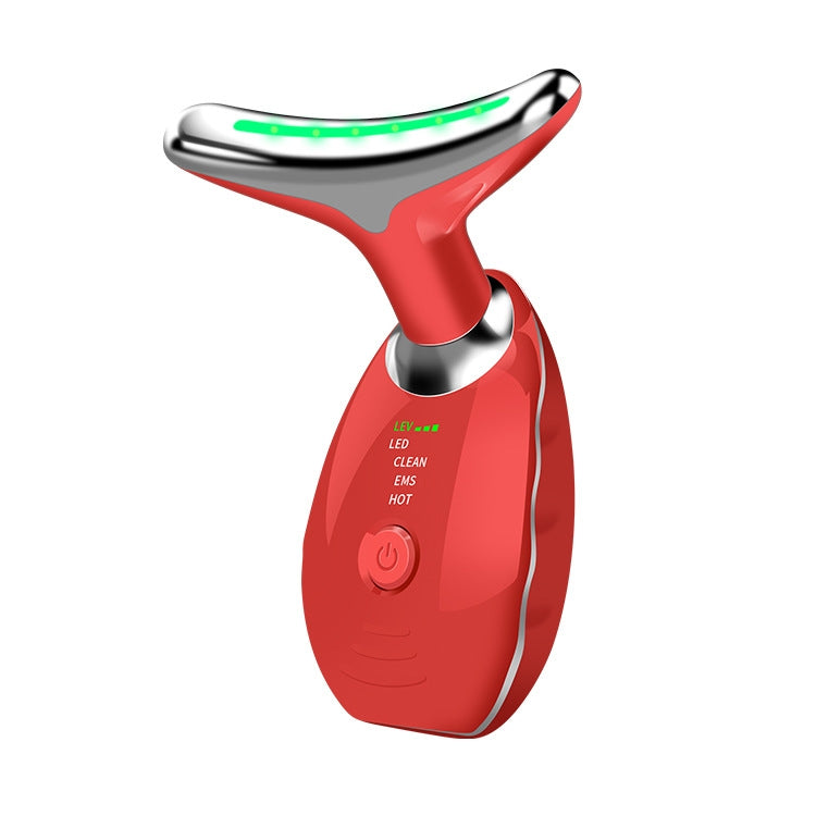 Red oval LED neck massager with curved head and power button.