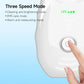 White oval neck massager with thumb pressing a circular power button.