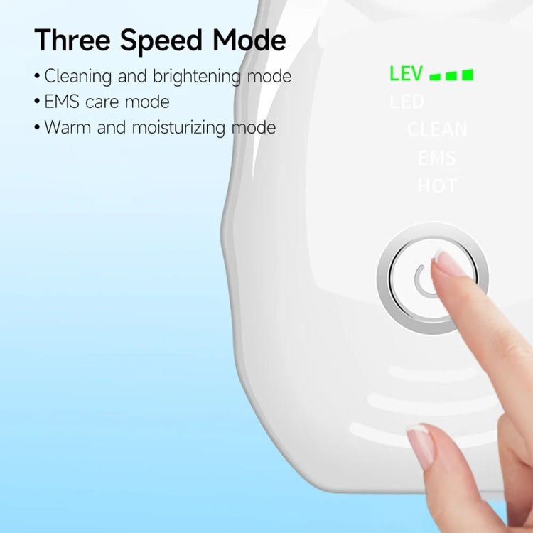 White oval neck massager with thumb pressing a circular power button.