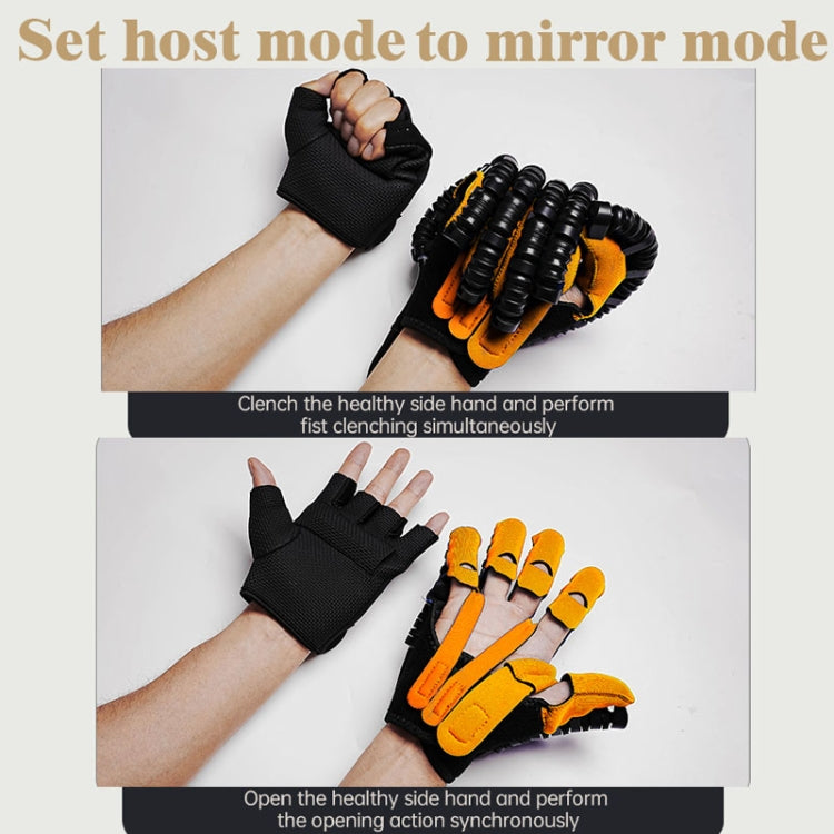 Robotic rehab glove set demonstrating mirror-style hand positioning with orange finger panels