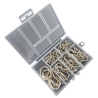 Silver screw-in ceiling cup hook set, 75-pack in a divided storage case