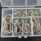 Silver screw-in cup hooks in a clear organizer tray, multiple hooks per section