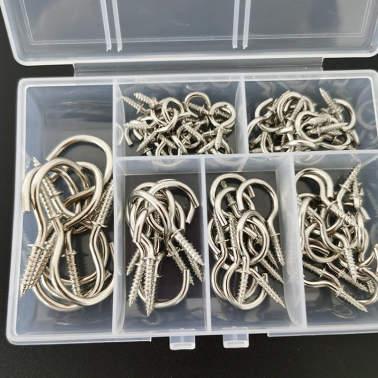 Silver screw-in cup hooks in a clear organizer tray, multiple hooks per section