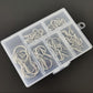 Silver screw-in ceiling cup hooks neatly arranged in a clear plastic compartment case