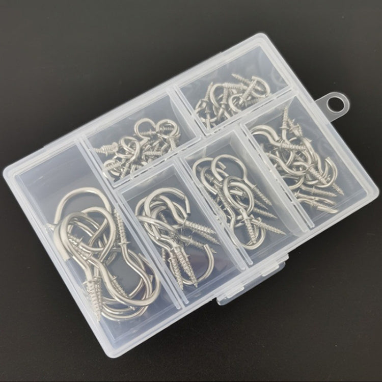 Silver screw-in ceiling cup hooks neatly arranged in a clear plastic compartment case
