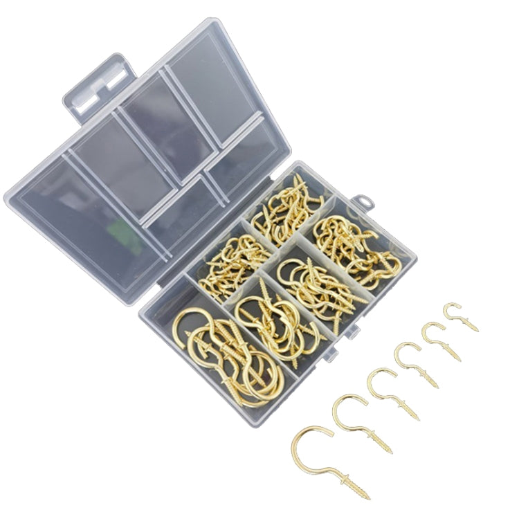 Gold screw-in ceiling cup hook set with loose hooks shown beside the organizer case