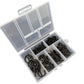 Black screw-in ceiling cup hook set in a clear divided storage case