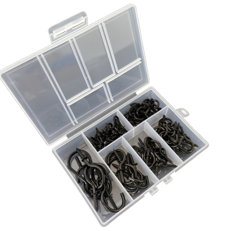 Black screw-in ceiling cup hook set in a clear divided storage case