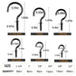 Screw-in cup hook size chart with multiple hook lengths and screw sizes