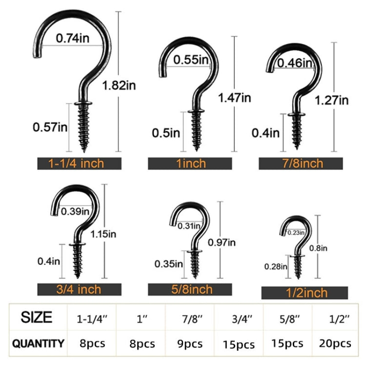 Screw-in cup hook size chart with multiple hook lengths and screw sizes