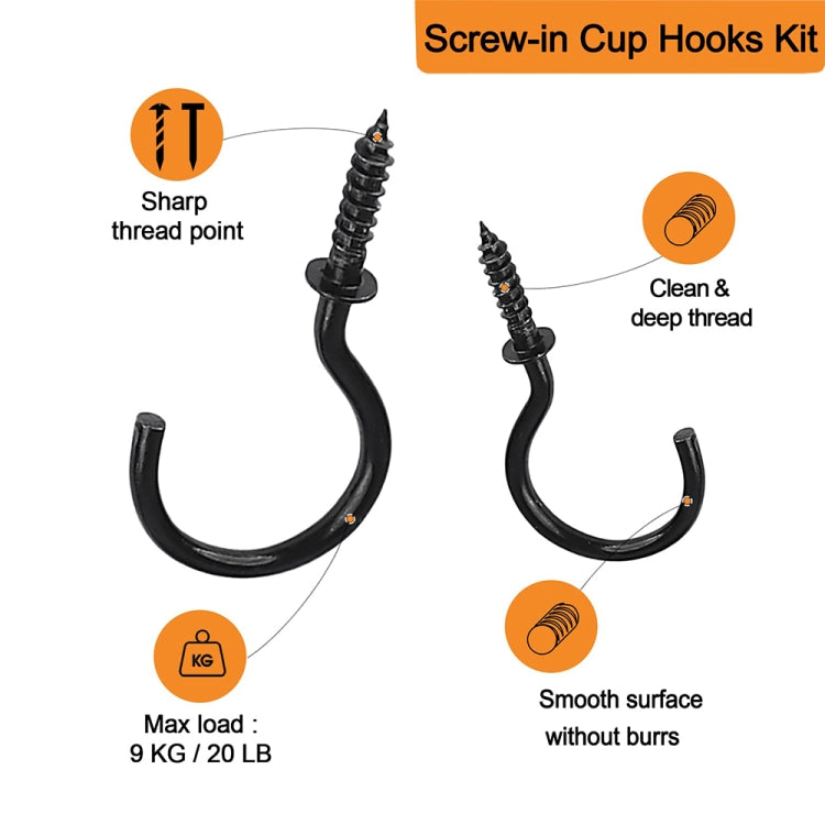 Black screw-in ceiling cup hook with threaded shank and curved cup end