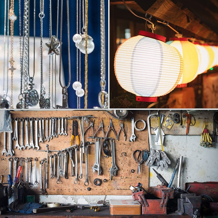 Ceiling cup hooks used to hang jewelry, tools, and decor in a workshop