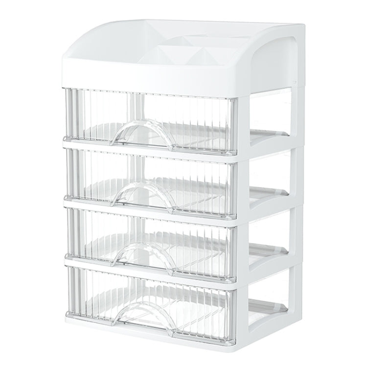 White multi-layer drawer organizer with clear compartments and arched dividers