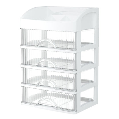 White multi-layer drawer organizer with clear compartments and arched dividers