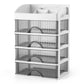 Gray multi-layer drawer organizer with clear compartments and arched dividers