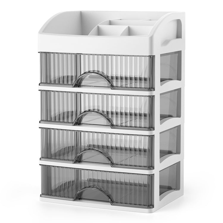 Gray multi-layer drawer organizer with clear compartments and arched dividers