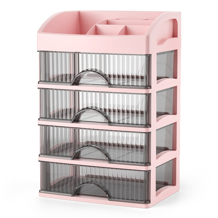 Pink multi-layer drawer organizer with clear compartments and arched dividers