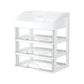White multi-layer drawer organizer with clear compartments and arched dividers